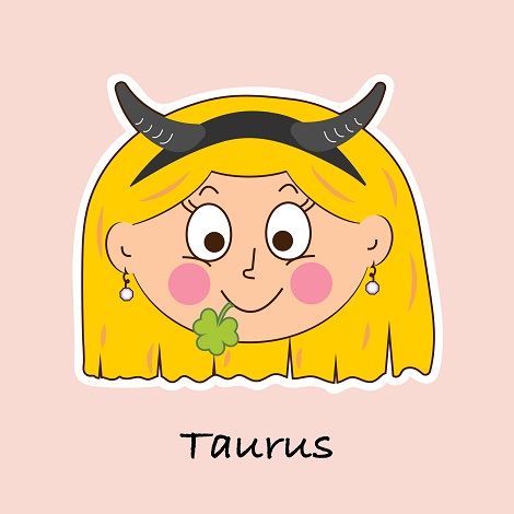 reprezentare a zodiei Taur sub forma unei fete blonde, zambitoare, ce tine in gura un trifoi