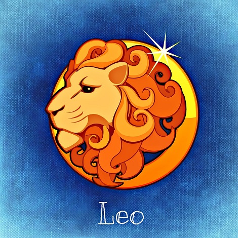 reprezentare a zodiei Leu cu galben si portocaliu pe fond albastru