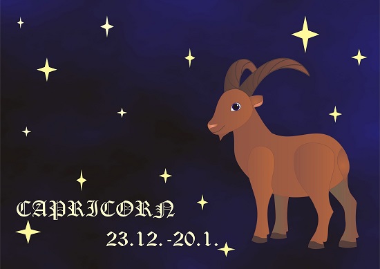 reprezentare a zodiei Capricorn, pe fond instelat, alaturi de perioada din an specifica zodiei