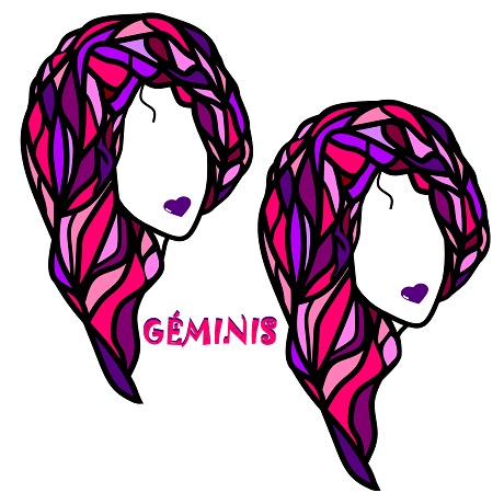 ilustratie reprezentare a zodiei Gemeni sub forma unor capete de fete cu parul roz si violet
