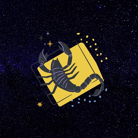 ilustratie reprezentare a zodiei Scorpion pe fond de culoare inchisa, cu stele colorate 