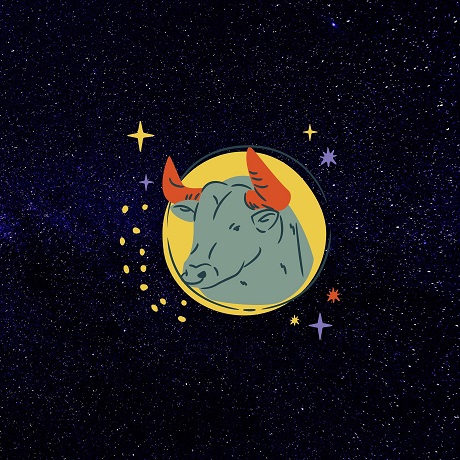 ilustratie reprezentare a zodiei Taur pe fond inchis, cu stele colorate