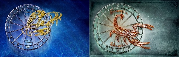 reprezentare a simbolurilor zodiei Rac si zodiei Scorpion