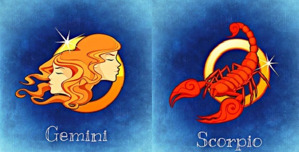 reprezentare a zodiilor Gemeni si Scorpioni sub forma de ilustratie pe fond albastru