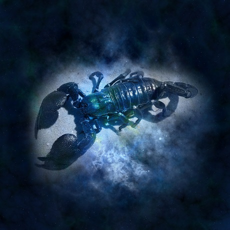 reprezentare a zodiei Scorpion pe fundal cu nuante de albastru inchis
