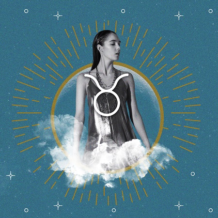 reprezentare a zodiei Taur sub forma unei femei frumoase, cu rochie mulata pe corp, alaturi de care se afla si simbolul zodiei