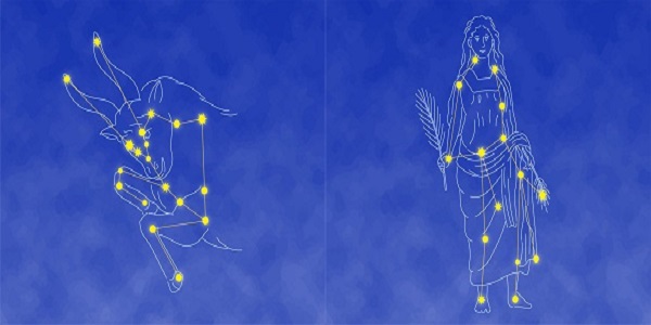 vectori, reprezentare a zodiilor Taur si Fecioara si a constelatiilor specifice mitologiei grecesti