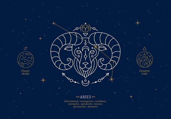 ilustratie, reprezentare a zodiei Berbec si enumerarea unor caracteristici ale acestei zodii