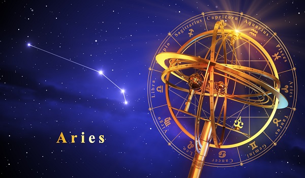 constelatia zodiei Berbec si sfera armilara, pe fond albastru
