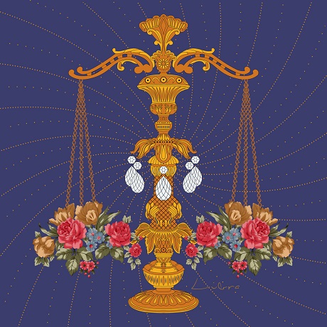 ilustratie, reprezentare a zodiei Balanta pe fond albastru