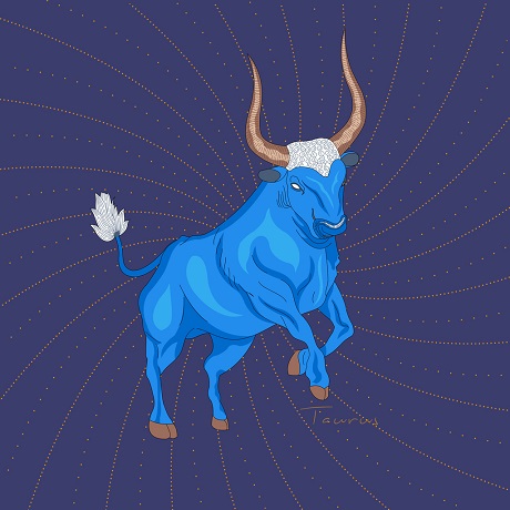ilustratie, reprezentare a zodiei Taur pe fundal albastru
