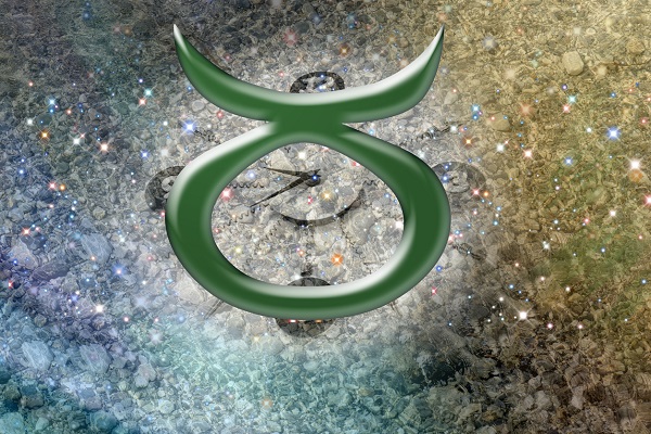 simbolul zodiei Taur, verde, pe fond similar unei galaxii