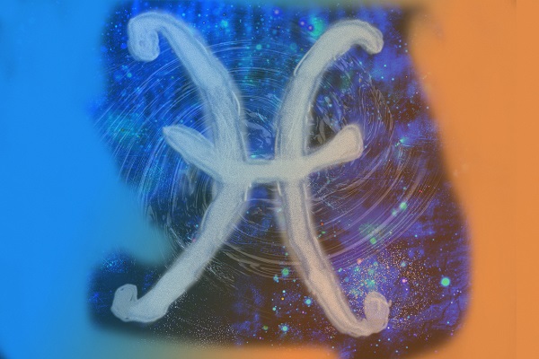 simbolul zodiei Pești, cu alb, pe fond in nuante de albastru si de portocaliu