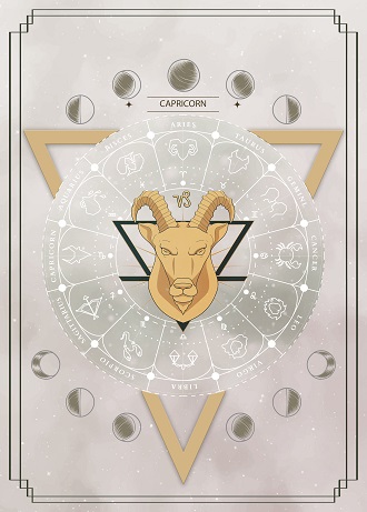 reprezentare a zodiei Capricorn, pe fundal gri, univers ezoteric