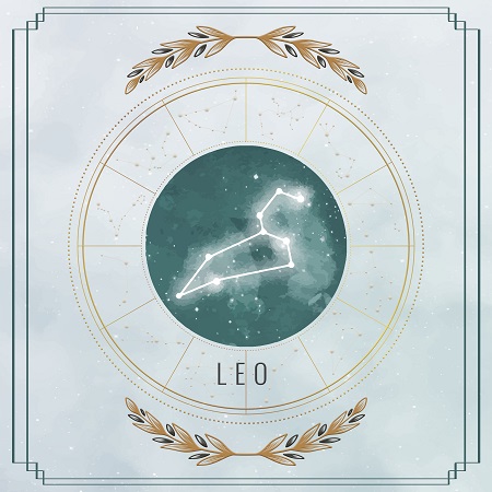 reprezentare a constelatiei zodiei Leu, pe fond verde, horoscop, univers ezoteric