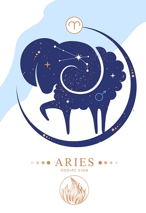 ilustratie, reprezentare a zodiei Berbec cu albastru si reprezentarea constelatiei aferente