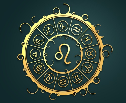 semnele zodiacale intr-un cerc auriu, in centru fiind simbolul zodiei Leu