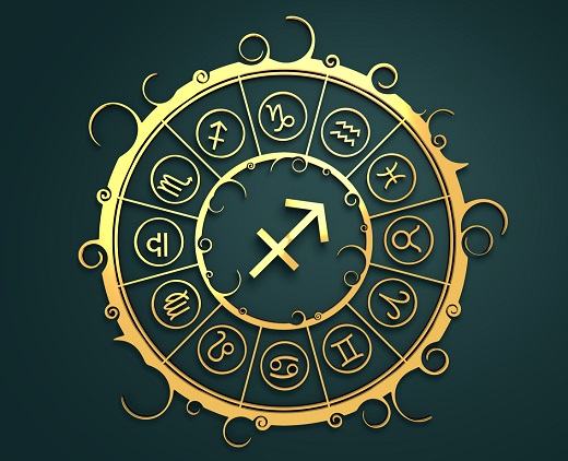 cerc auriu in care se afla semne zodiacale, in mijloc fiind simbolul zodiei Sagetator
