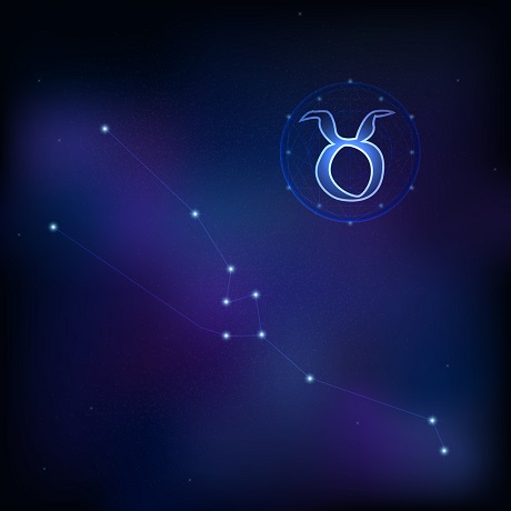 simbolul zodiei Taur si constelatia aferenta, reprezentare pe un fond ce ilustreaza galaxia