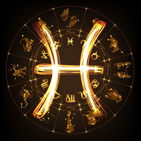 cercul zodiacal si reprezentare a simbolului zodiei Pesti, cu auriu