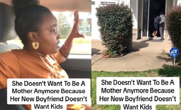 femeie afro-americana nervoasa in masina ei si doi copii care intra intr-o casa alba
