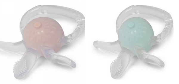 jucarii dentitie si periute de dinti din silicon, roz si verde