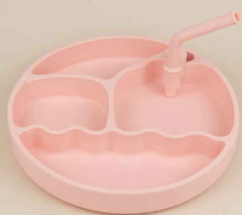 farfurie de silicon alimentar roz, compartimentata si dotata cu pai detasabil