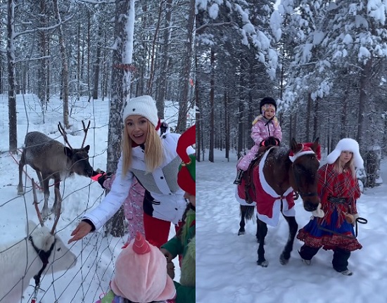 Andreea Balan hranind reni si una dintre fiicele plimbandu-se cu calul in Laponia