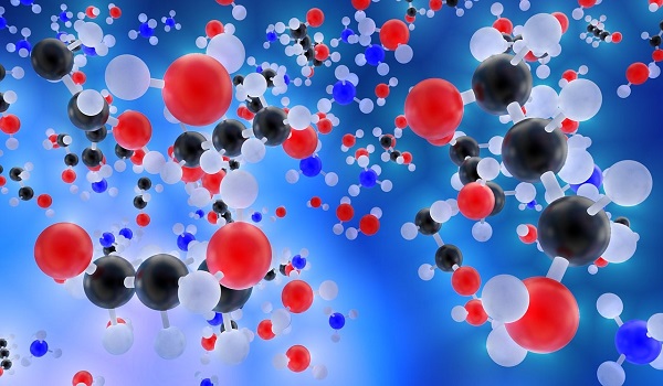 atomi si molecule pe fundal albastru