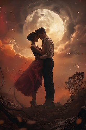 ilustratie generata AI, moment romantic al unui cuplu la lumina lunii pline