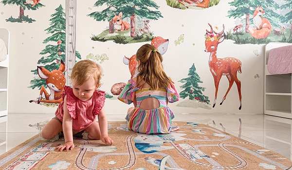 fetite care incearca sa lipeasca pe perete stickere decorative cu animale din padure si arbori
