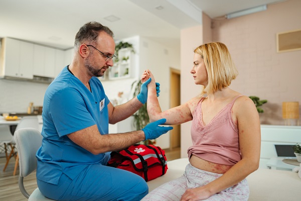 medic in uniforma albastra, cu ochelari, stand pe scaun in timp ce examineaza, purtand manusi de unica folosinta, eruptia cutanata de pe bratul pacientei sale, care este imbracata cu un maieu roz si cu pantaloni de pijama albi cu carouri lila
