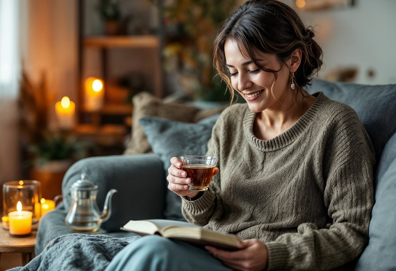 imagine generata AI, femeie tanara zambitoare,imbracata cu pulover bej, care sta pe canapea gri, tinand in mana o cana de sticla cu ceai in timp ce citeste, langa ea aflandu-se si o masuta pe care se afla un ceainic de sticla si lumanari aprinse pentru relaxare