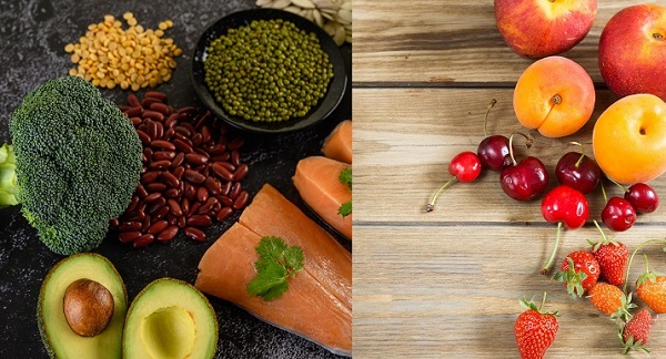 colaj imagini, diverse alimente bogate in magneziu, de exemplu avocado, broccoli, fasole rosie,linte, naut si somon si fructe care contin acid malic, adica mere, caise, cirese, capsuni, toate asezate pe o suprafata de lemn 