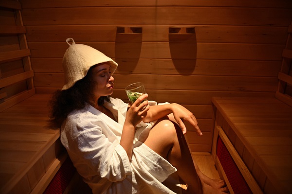 femeie imbracata cu un halat de prosop alb, avand pe cap o palariuta bej speciala pentru sauna, tinand ochii inchisi si avand in mana un pahar, in timp ce se relaxeaza intr-o sauna cu infrarosii