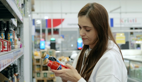 femeie cu parul lung, imbracata cu hanorac alb, care tine in mana doua sticle cu sosuri si se uita la ingredientele de pe eticheta, in timp ce se afla intr-un magazin si sta in fata unui raft