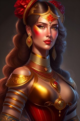 ilustratie generata AI, portret de femeie tanara, frumoasa, razboinica, imbracata cu armura rosie cu auriu tip corset, decoltata, cu ornamente aurii si rosii la gat, cu cercei lungi si cu coroana aurie si cu flori rosii pe cap