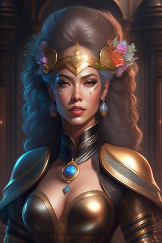 ilustratie generata AI, femeie tanara, frumoasa, razboinica, cu armura tip corset, decoltata, de culoarea cuprului, cu colier opulent cu piatra albastra, cu cercei lungi albastri si cu coroana cu auriu si cu flori de o parte si de alta a capului