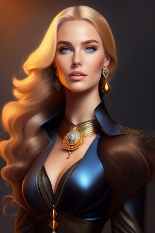 ilustratie generata AI, femeie tanara, frumoasa, blonda, imbracata cu costum metalizat albastru inchis cu maro, cu colier opulent cu auriu, cu cercei lungi aurii