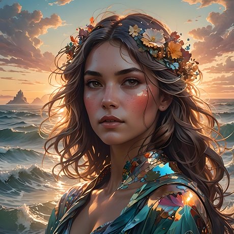 ilustratie generata AI, portret de femeie tanara, frumoasa, cu parul blond si ondulat, imbracata in tinuta argintie metalizata, avand pe cap o coronita de flori, in timp ce se afla la malul marii la apusul soarelui