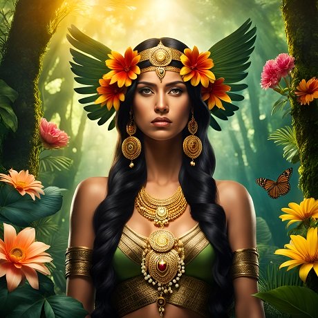 ilustratie, femeie frumoasa, indianca din regiunea Amazonului,imbracata cu o bustiera verde cu auriu, cu ornamente opulente aurii, avand pe maini armura aurie, cercei lungi aurii, coroana aurie, flori si pene pe cap, inconjurata de flori si fluturi in timp ce se afla in jungla in care patrund razel soarelui