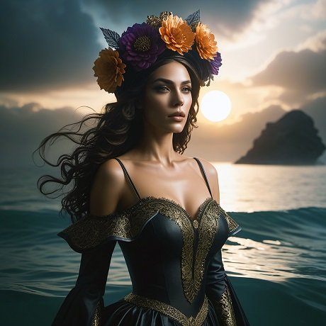 ilustratie generata AI, femeie tanara, frumoasa, imbracata cu rochie neagra lunga, infoiata, cu maneci lungi si cu ornamente aurii, avand pe cap o coroana de flori, in timp ce se plimba ingandurata la malul marii