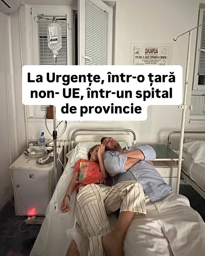 Dan Cruceru stand intr-un pat dintr-un spital din Muntenegru alaturi de fiul lui, care face perfuzii, intrucat acesta s-a imbolnavit de gastroenterita si a avut nevoie de ingrijiri medicale
