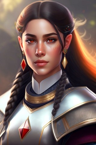 ilustratie generata AI, portret de femeie razboinica, tanara, frumoasa, cu parul lung, cu doua cozi impletite, imbracata cu armura argintie cu auriu si cu rosu, purtand cercei lungi cu auriu si cu rosu, in timp ce se afla intr-un spatiu din aer liber, razele soarelui patrunzandu-i in par