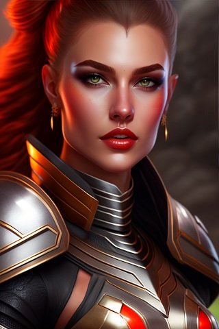 ilustratie generata AI, portret de femeie razboinica, tanara, frumoasa, cu parul prins in coada, imbracata cu armura cu argintiu, cu negru, cu auriu si cu rosu, purtand cercei aurii