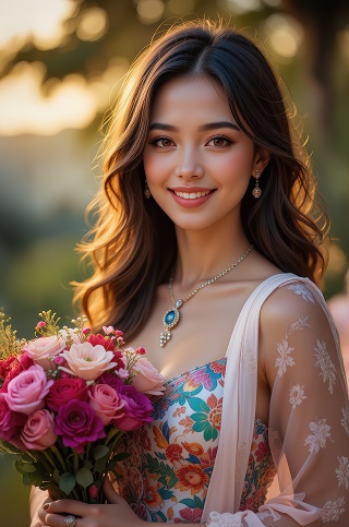 ilustratie, femeie tanara, frumoasa, zambitoare, imbracata cu bluza sau rochie cu imprimeu floral, avand pe umeri un sal din voala roz deschis, brodat, purtand cercei lungi, tinand in brate un buchet de trandafiri in timp ce se afla in aer liber, intr-o zi insorita