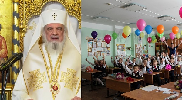 colaj imagini, captura video YouTube Trinitas TV, Patriarhul Daniel tinand microfonul in mana in timpul unei cuvantari pe care a tinut-o la Patriarhie si imagine dintr-o sala de clasa cu elevi din clasele primare, imbracati in uniforma, avand in maini baloane colorate
