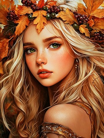 ilustratie generata AI, portret de femeie tanara, frumoasa, cu parul blond, imbracata in auriu, avand pe cap o coroana facuta din frunze de toamna, struguri si alte fructe de toamna