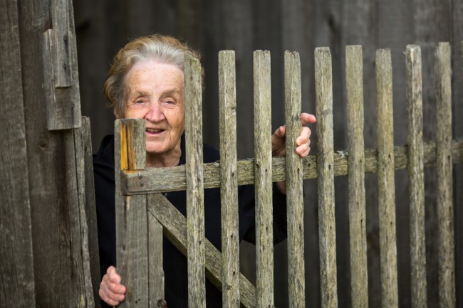 femeie batrana care se uita prin gard