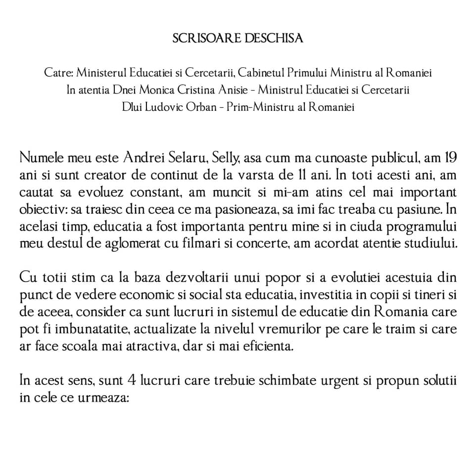 Scrisoarea lui Selly catre Ministrul Educatiei 1